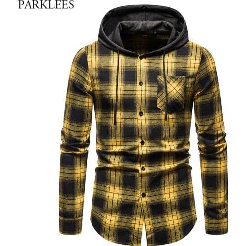 Yellow Plaid Hoodie Shirt Men 2021 Spring New Long Sleeve Checked Mens Hooded Shirts Casual Patchwork Shirt with Pocket Chemise