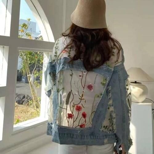 Women new spring and autumn fashion denim jacket flowers washed water mesh stitching denim jacket women floral coat Y602