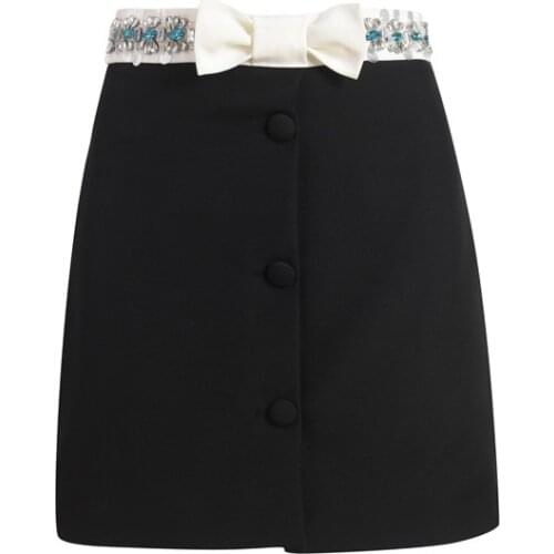 Elegant Luxury Design Beaded Black A-Line Bow Mini Skirt Women Sexy Single Breasted Skirt Summer Party Clothing Brand Design