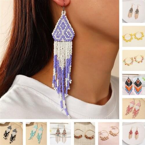 1 Pairs bohemian Earrings Handmade Womens Czech Colorful Glass Seed Beads Long Tassel Hook Dangle Hoop Jewelry