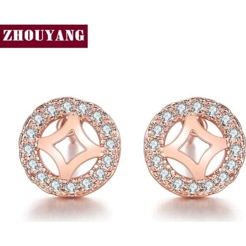 ZHOUYANG Stud Earrings For Women Elegant Hollow Out Cubic Zirconia Rose Gold Color Party Birthday Gift Fashion Jewelry E198