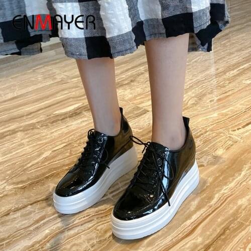 ENMAYER 2020 Womens Shoes Round Toe Casual Lace-Up Genuine Leather Wedges High Heels Basic Spring/Autumn Shoes Woman 34-39