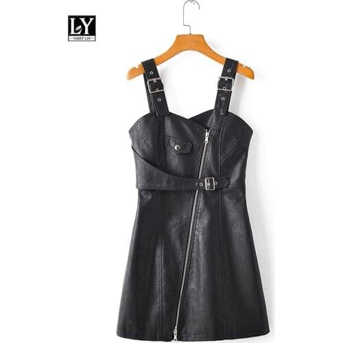 LY VAREY LIN Women Leather Mini Dress Soft Pu Faux Leather Dress Pink Sexy Backless Slim High Waist Rivet Zipper Dress Vestidos