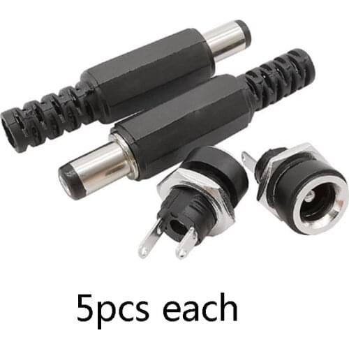 10pcs/5sets DC Power pin 5.5x2.1mm Female Plug Jack+ Male Plug Jack Socket Adapter DC-022B Supply Panel Mount Connectors