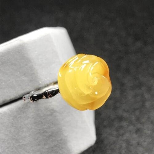 14mm Genuine Natural Yellow Amber Ring For Woman Lady Man Flower Carved Crystal Beads Silver Stone Adjustable Ring Jewelry AAAAA