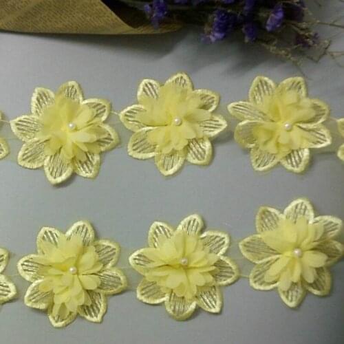 2yard Yellow Rose Flower Pearl Chiffon Embroidered Lace Trim Ribbon Fabric Sewing Craft Patchwork Handmade DIY for Costume Decor