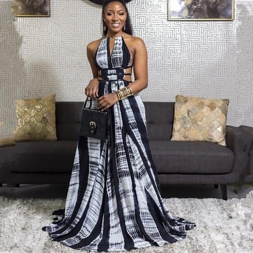 2022 Summer Vintage Print Women Maxi Dress Latest Halter Neck Hollow Out Waist Sexy Backless A Line Sexy Party Long Dresses