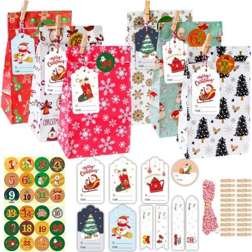 24 Sets Merry Christmas Candy Boxes Bags Christmas Santa Snowman Gift Box Paper Box Gift Bags Party Packaging Supplies New Year