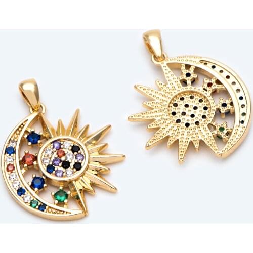 4pcs Colourful Sun and Moon Charms 25x19mm, 18K Gold Plated Brass, Mixed Colour CZ Paved Pendants (GB-1942)