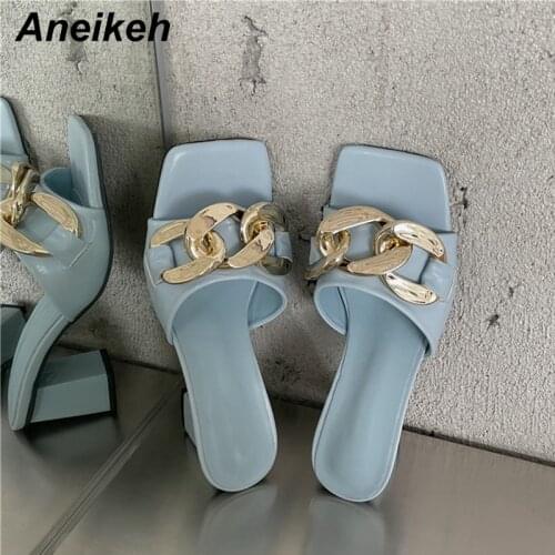 Aneikeh 2021 NEW Summer Fashion Women Shoes Peep Toe Slippers PU Square Heels Rome Metal Decoration Party Concise Shallow Solid