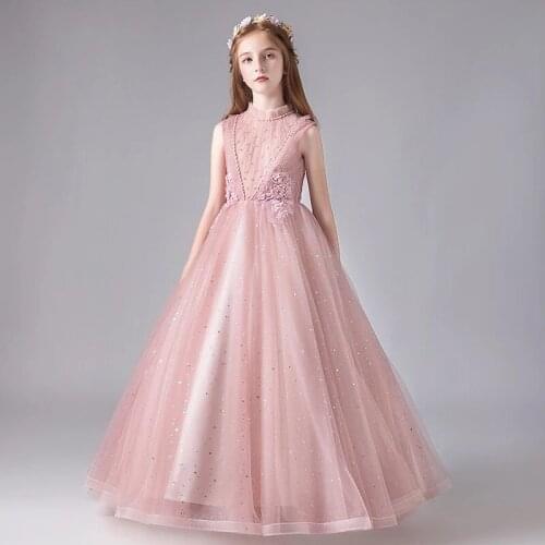Ball Gown Appliques Short Sleeves Sequins Pleat Floor-Length O-Neck Kids Party Communion Dresses Girl Dresses For Weddings