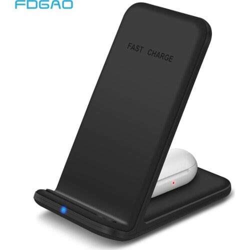 FDGAO 15W 2 in 1 Qi Wireless Charger Stand For iPhone 11 XS XR X Airpods Pro Dual Fast Charging Station for Samsung S20 S10 Buds