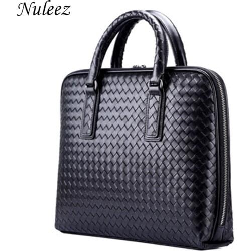 Nuleez Big Tote Bag men Knitting Cowhide 14 inch PC Business Bag Brief Case Italy weaving Gentlemen Bag