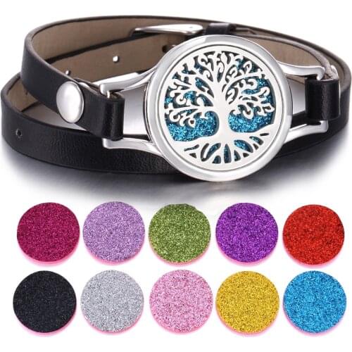 Tree of Life Aromatherapy Bracelet Black Leather Essential Oil Diffuser Locket Bracelets Stainless Steel Aroma Perfume Bracelets