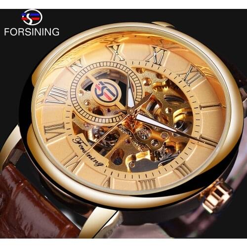 Forsining Golden Roman Mens Mechanical Watch Skeleton Transparent Slim Hand Winding Business Man Brown Leather Belts Wristwatch