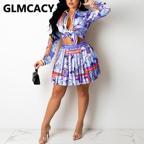 Two Piece Sweet Dress Suits Long Sleeve Tie Front Shirt & Pleated Mini Skirt Set