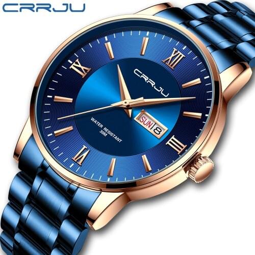 Relogio masculino CRRJU Mens Watch Stainless Steel Fashion WristWatch for Men Luxury waterproof Date Blue Gift Quartz watches