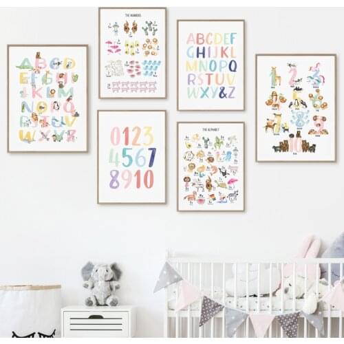 Numbers Alphabet Dolphin Tiger Lion Giraffe Cow Wall Art Canvas Painting Nordic Posters And Prints Wall Pictures Kids Room Decor