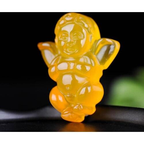 Natural Agate Chalcedony Carved Lucky Angel Jade Pendant Chinese Necklace Charm Jewellery Fashion Amulet Luck Gifts Man Women