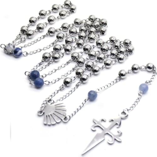 QIGO Stainless Steel Beads Strand Necklace Shell Cross Rosary Necklace For Men Women Religious Jewelry