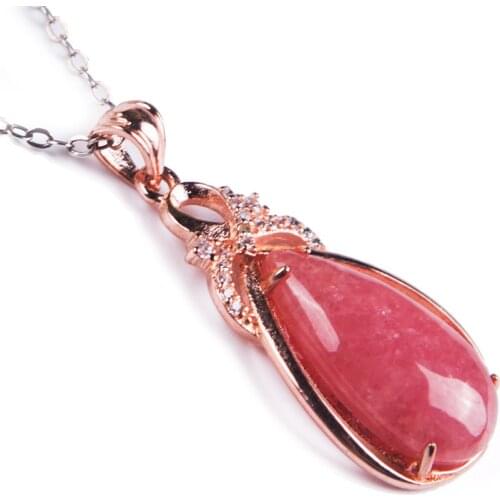 Genuine Natural Ice Rhodochrosite Gems Stone Women Femme Love Silver Necklace Water Drop Bead Pendant31.5*16*5.5mm