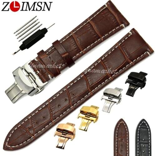 ZLIMSN Watchbands Metal Belt Buckle Brown with White stitched Genuine Leather Watch BANDS Strap Watch Bands 18 20 22 24mm