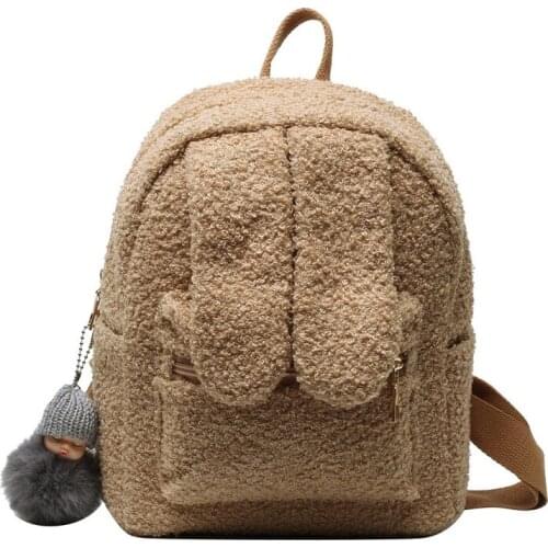 Rabbit Ears Teddy Hair Backpacks Plush Women Backpack Solid Fluffy Bag Soft Faux Fur Women Shoulders Bag Cute Furry Bags