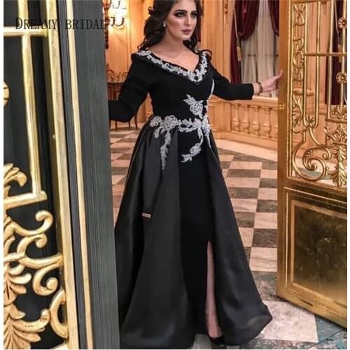 Sexy Split Black Evening Dresses Long Sleeves V Neck Appliques Beads Vestido De Festa 2020 Arabic Organza Party Club Wear