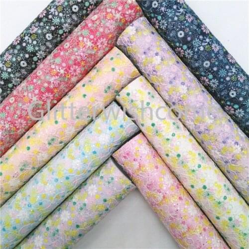 Glitterwishcome 21X29CM A4 Size Flowers printed Lace Glitter Fabric leather, Faux PU Leather fabric Vinyl for Bows, GM649A