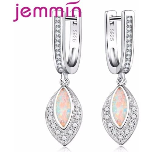 Gorgeous Simple Leaf Eardrop Paved White Opal and CZ Crystal 925 Sterling Silver Jewelry Women Earrings