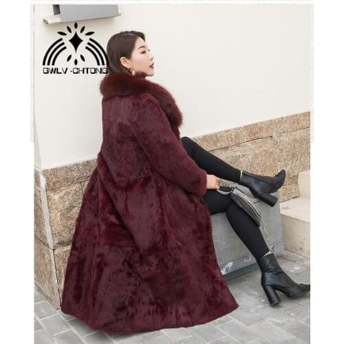 New genuine real natural rabbit fur coat with fox fur collar women fashion long jacket with belt ladies warm outwear overcoat