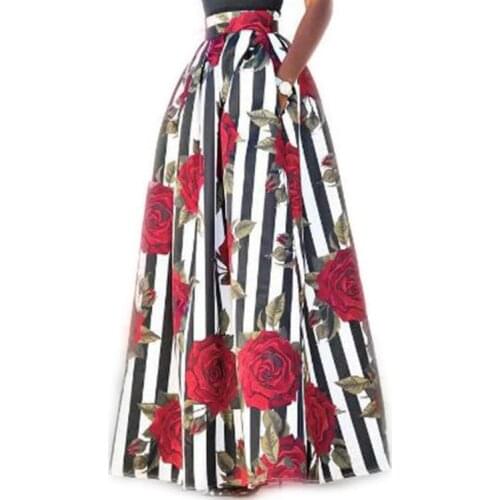 Vintage Floral Striped Print Summer Skirts Womens 2021 Jupe Longue Femme High Waist Pockets Long Maxi Skirt Plus Size Chic S-3XL