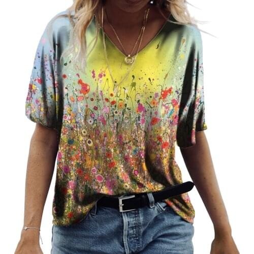 Tie-dye 3D Floral Print Women T-Shirt Casual Short-Sleeved Loose Top Fashion Street ladie V-neck Summer Tshirt 2021 New Pullover