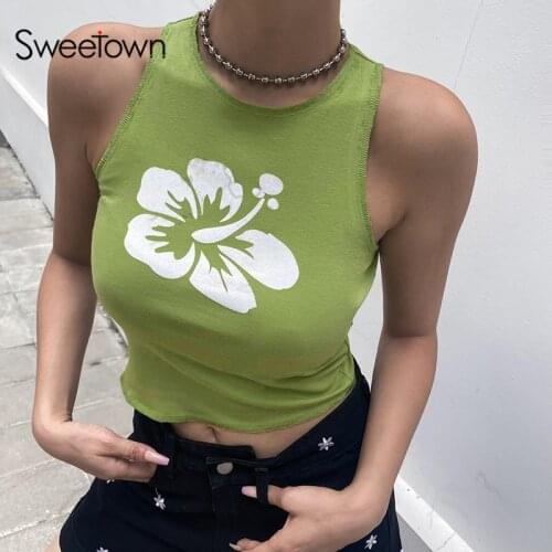 Sweetown Floral Print Y2K Tops Casual Slim Basic Tshirt Round Neck Blue Tank Top Ladies Streetwear Off Shoulder Cropped Tees