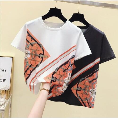 Plus Size T Shirt for Women 2021 Summer Wear Heavy Industry Hot Drilling Retro Short Sleeve T-shirt Ladies Tops Ropa Mujer