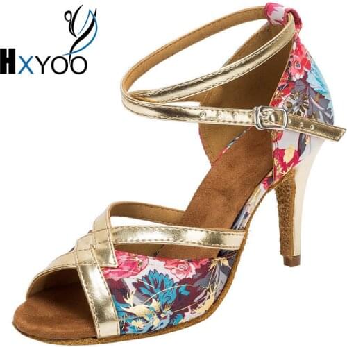 HXYOO 2018 Instock Latin Dance Shoes Women Salsa Ballroom Shoes Ladies Satin Soft Sole Red Blue Flower Gold Buckle WK010