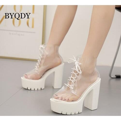BYQDY Fashion Ankle Boots Woman White Platform Heels Shoes Round Toe Lacing Summer Shoes PVC High Heels Female Boots Wholesale