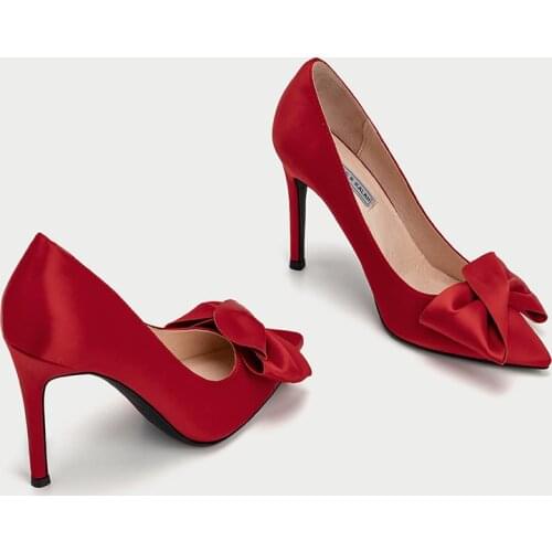 Red Thin High Heel Wedding Shoes Women Bow Chinese Bridal Shoes Low Heel Shoes Female Size 31 To 44