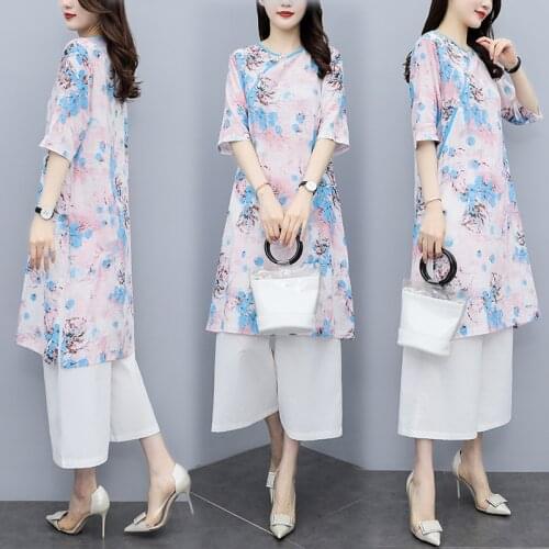 Chinese Style Vintage V-Neck Cheongsam Top Wide Leg Pant Women Loose Cotton Linen 2 piece Set Summer Elegant Female Clothes