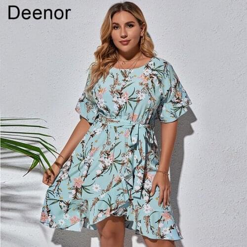 Deenor Plus Size Mini Dress Women Short Sleeve Dress Floral Print 2021 Casual O-neck Elegant Dresses Beach Dresses