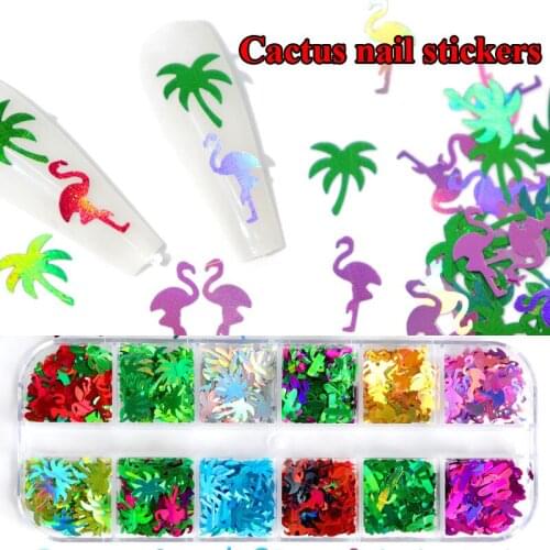 1Case Palm Tree Nail Art 3D Flakes Holographic Nail Glitter Sequins Decoration Fall Leaves Flame Fruit Butterfly Design Sticker