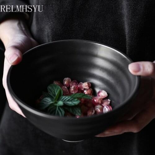 1PC RELMHSYU Japanese Style Black Ceramic Rice Noodle Fruit Salad Bowl Home Restaurant Matte Tableware