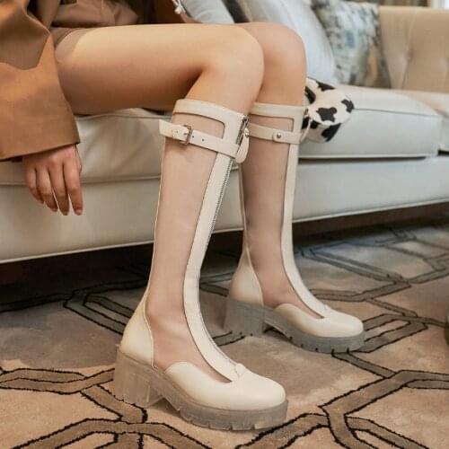 2020 Transparent Crystal Bottom Chunky Heel Martin Long Boots Female Summer Thin Boots Mesh Boots Leather Mesh Women Shoes
