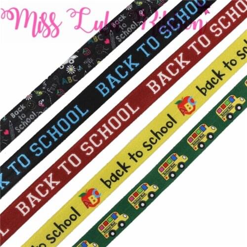 5/8"16mm Back to School Series School Bus Printed Fold Over Elastic Ribbon Apple DIY Hair Bowknots 50yards/roll