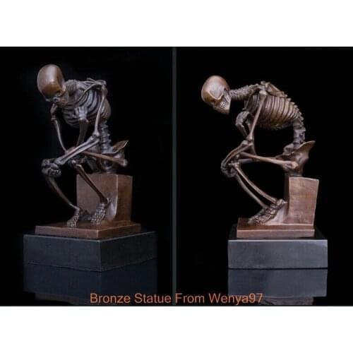 Art Deco Sculpture Skeleton Skull The Thinker Bronze Statue Signed 21cm