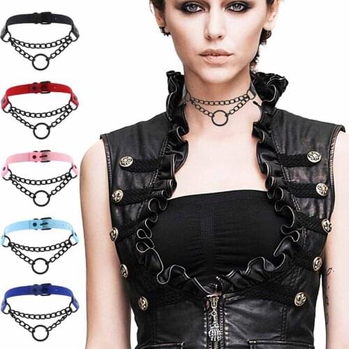Gothic Alloy Chain Black Circle Pendant Choker Necklace Women Clavicle Punk Collar Colier Rose Red PU Leather Gift Jewelry