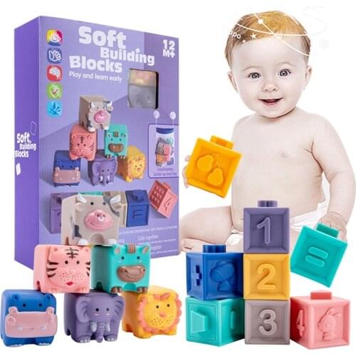 Baby Building Blocks Toys Silicone Soft Sensory Teething Squeeze Toy Food Grade Silicone Building Blocks Newborn Educational Toy