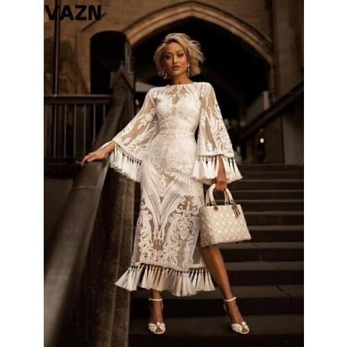 VAZN 2020 Autumn High-end White Fresh Sexy Club Heavy Industry Elegant Tassel Top Full Sleeve Women High Waist A-Line Maxi Dress