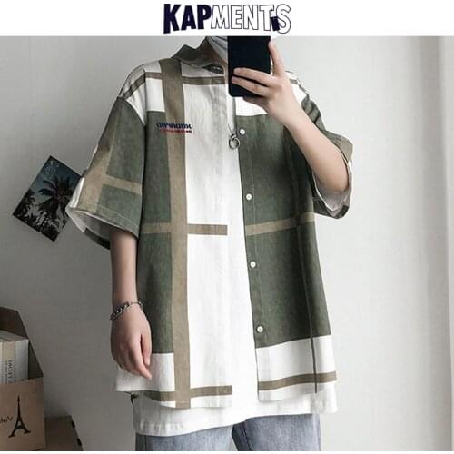 KAPMENTS Men Korean Fashions Harajuku Plaid T Shirts 2021 Summer Mens Vintage Streetwear Oversized T Shirt Male Button Up Tees
