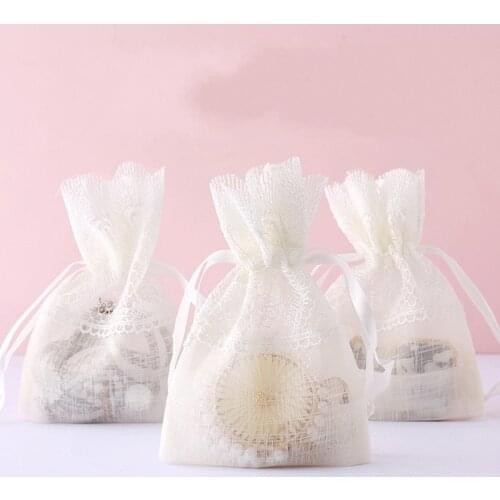 Hot 10x14cm White Feather Lace Slub Yarn Bags Perfume Jewelry Drawstring Bag Creative Gift Packing Bag 6 To 24pcs